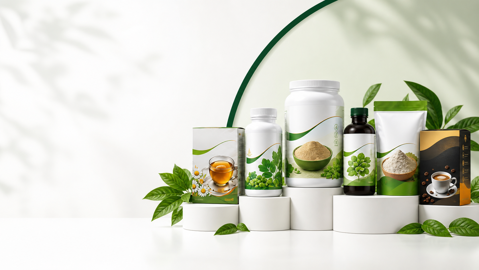 Richlance premium wellness products on white display pedestals